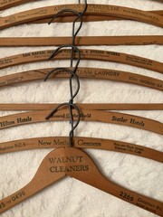 Ten Vintage Wooden Advertising Clothes Hangers, Metal Hooks, Traditional 16in