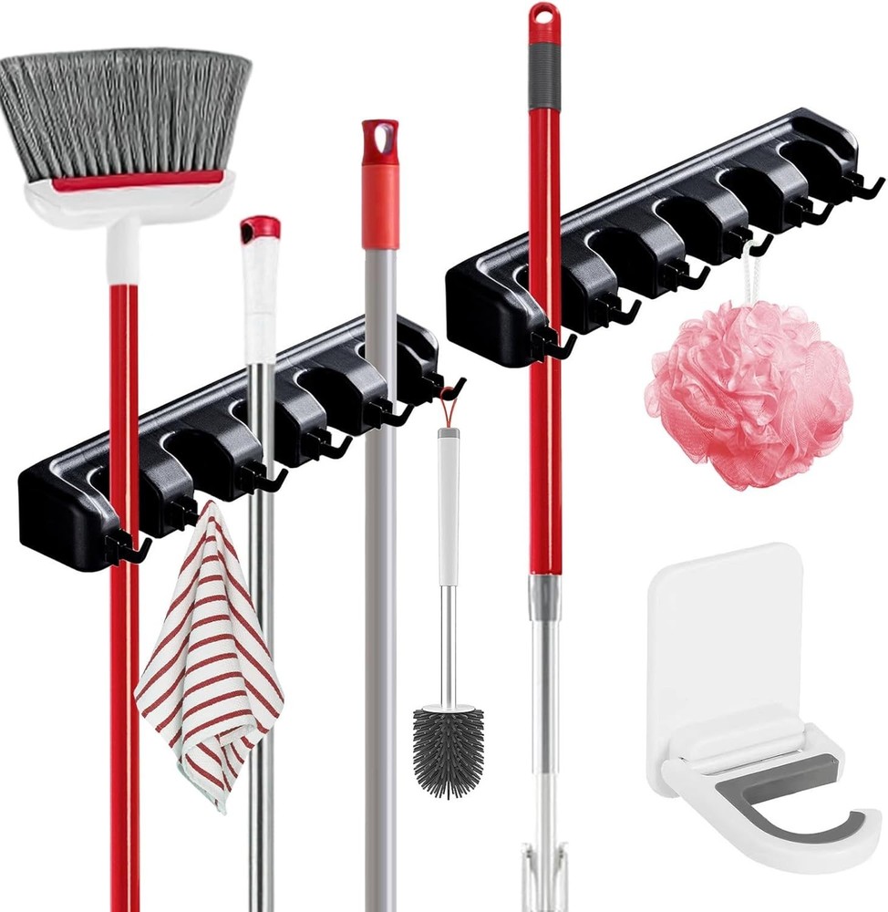 2 Packs Broom Holder Wall Mount Heavy Duty Mop Organizer Tool Storage Rack Black