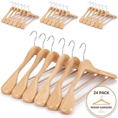 24 Pack Premium Wide Shoulder Wooden Suit Hangers with Anti-Slip Bar for Coats