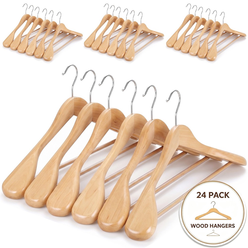 24Pack Wide Shoulder Wooden Hangers Non-Slip Clothes Coat Jacket Hangers Natural