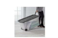 160 Qt Wheeled Storage Box Clear Plastic Bin with Latch Lid Gray
