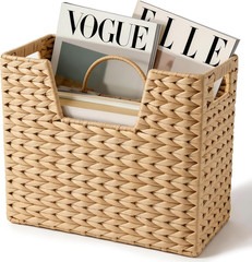 Handwoven Wicker Magazine Basket with Handle & 2 Compartments for Storage