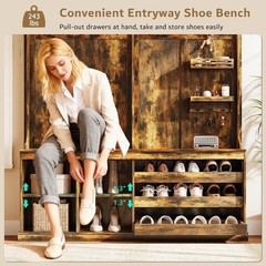 70“ Large Hall Tree W/ Bench & Adjustable Storage Shelves 6-in-1 Farmhouse