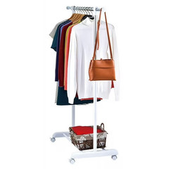 Heavy Clothes Hanger Adjustable Height Rolling Garment Rack Metal Chrome White