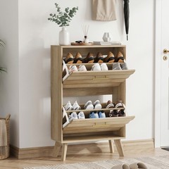23.6-inch Mid-century Modern Freestanding Oak Wood Slim Flip-Top Shoe Cabinet