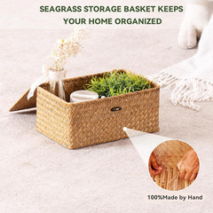 Set of 3 Natural Seagrass Storage Baskets with Lid for Home Organization