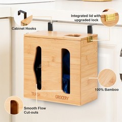 Bamboo Under Sink Organizer with Lock, 2-in-1 Trash Bag Holder & Storage Box
