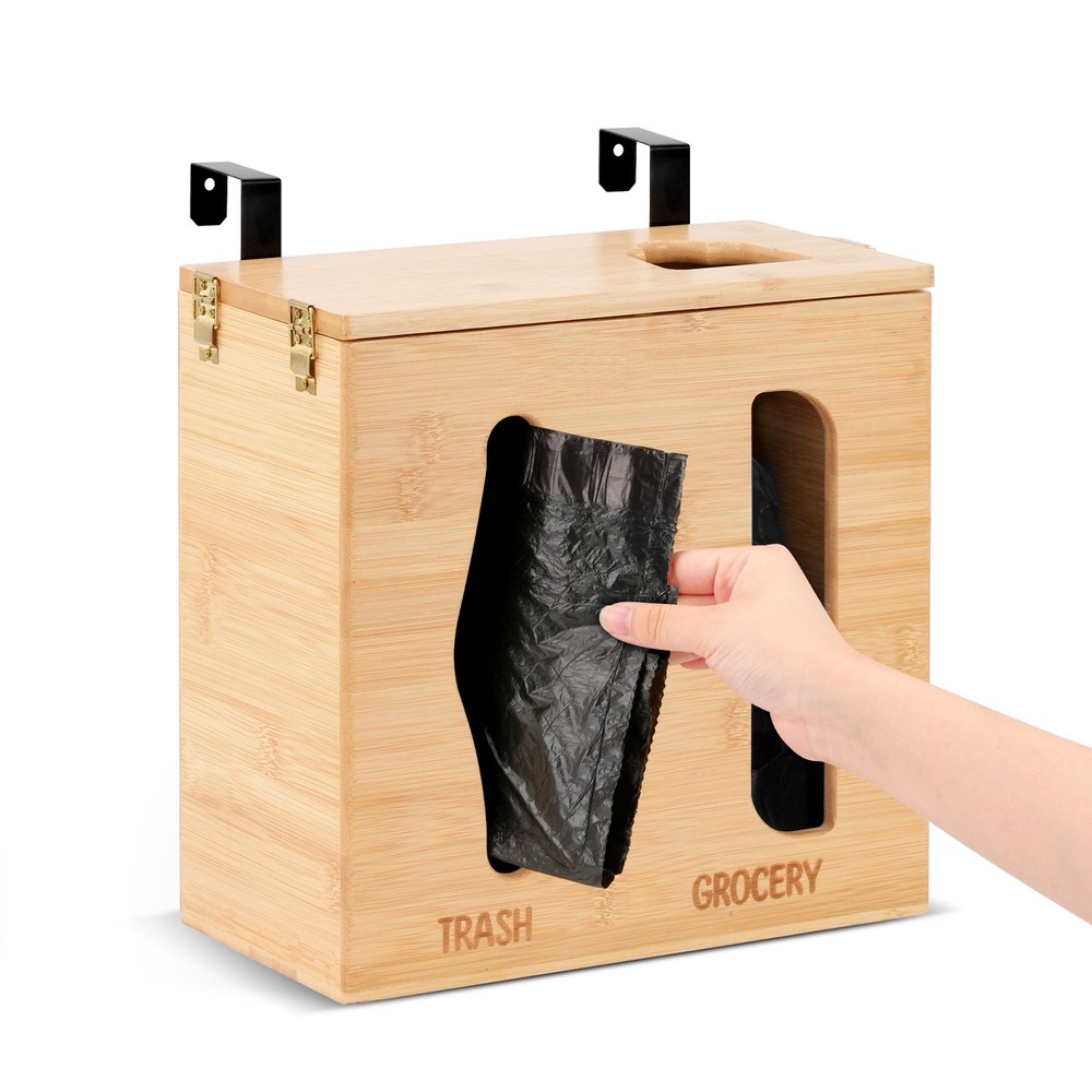 Bamboo Under Sink Organizer with Lock, 2-in-1 Trash Bag Holder & Storage Box