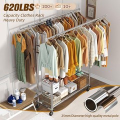 Heavy Duty Clothing Clothes Rack for Hanging, Rolling Double Rod Garment Rack