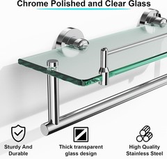 16-Inch Floating Tempered Glass Bathroom Shelf with Towel Bar – Chrome Polished