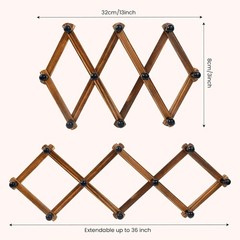 Expandable Wood Accordion Wall Rack with 10 Hooks in Antique Walnut Finish