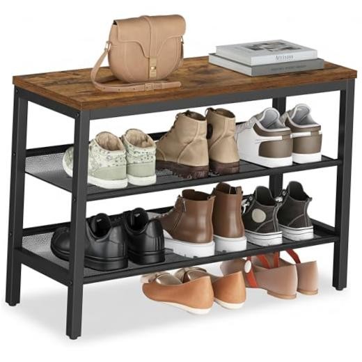 VASAGLE 3 Tier Shoe Rack Bench, One Piece 29.5″W Rustic Brown + Matte Black