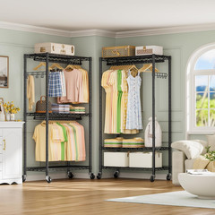 Heavy Duty Clothes Rack Rolling Garment Rack,3 Tier Adjustable Wire Shelving