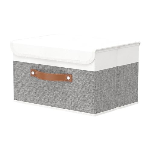 Large Foldable Storage Bins, Linen Fabric Box 13×9.1×7.9in(1-pack) White/Grey