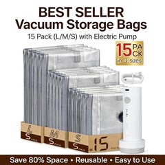 15 Pack Travel Vacuum Storage Bags with Rechargeable Air Pump Space Saver Set