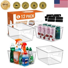 Versatile 12-Pack Clear Storage Bins with Handles & Labels for Home Organization