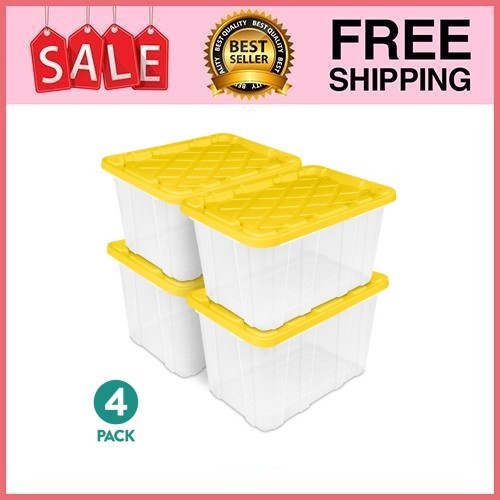 Sterilite Large Industrial Storage Tote, 27 Gal Clear Plastic, Yellow, 4 Pk