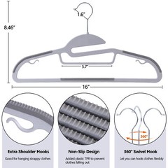 50 Pack Slim Thin Coat Shirt Plastic Hanger with Rubber Grip Swivel Hook Grey