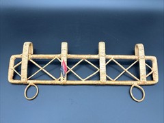 VTG 70s Rattan Wicker Wall Coat Rack 4 Hooks Diamond Lattice Jiangsu China Boho