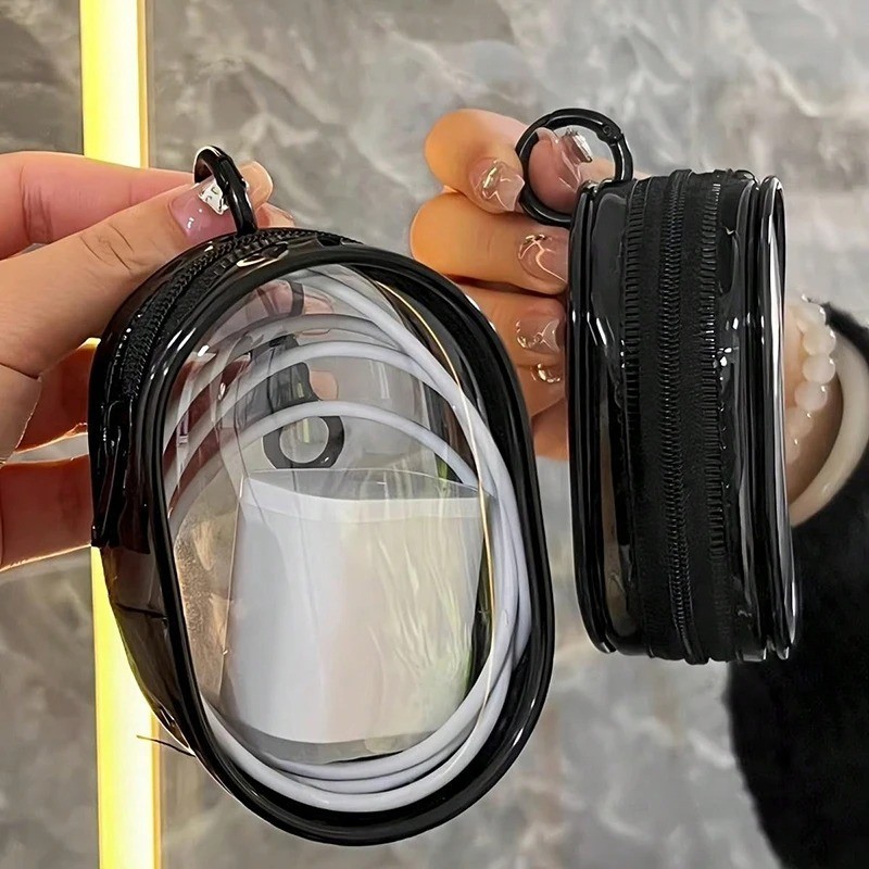 Mini Clear Zipper Storage Bag Keychain PVC Organizer Case for Earphones Chargers
