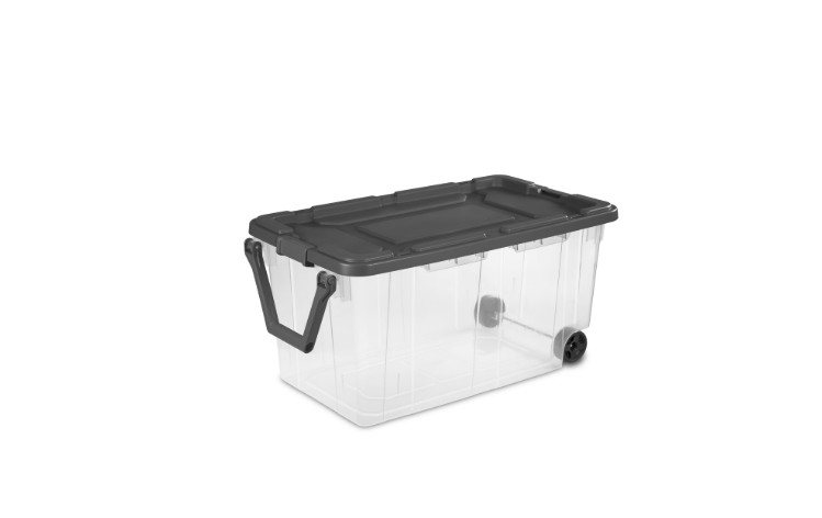 160 Qt Wheeled Storage Box Clear Plastic Bin with Latch Lid Gray