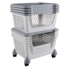 Idotry 5pcs Plastic Stackable Storage Bins – Gray Large Storage Basket w/ Wheels