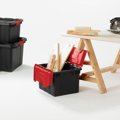 6 Pack Stackable 12 Gal Totes with Hinged Lids – Black/Red Storage Bins
