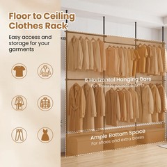 Adjustable Floor to Ceiling Clothes Rack with 6 Hanging Rods and Folding Drying