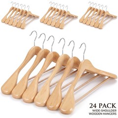 24 Pack Premium Wide Shoulder Wooden Suit Hangers with Anti-Slip Bar for Coats
