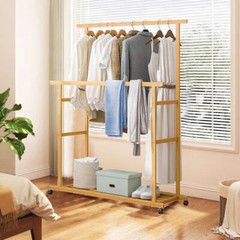 Double Hanging Rod Wooden Clothes Rack Portable Rolling Garment Rack Organizer