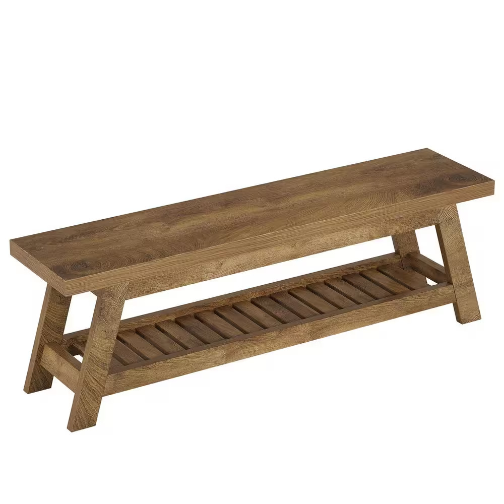 17In. H X 55 In. W Walnut Wood Shoe Storage Bench, 2-Tier Foyer Seating Bench wi