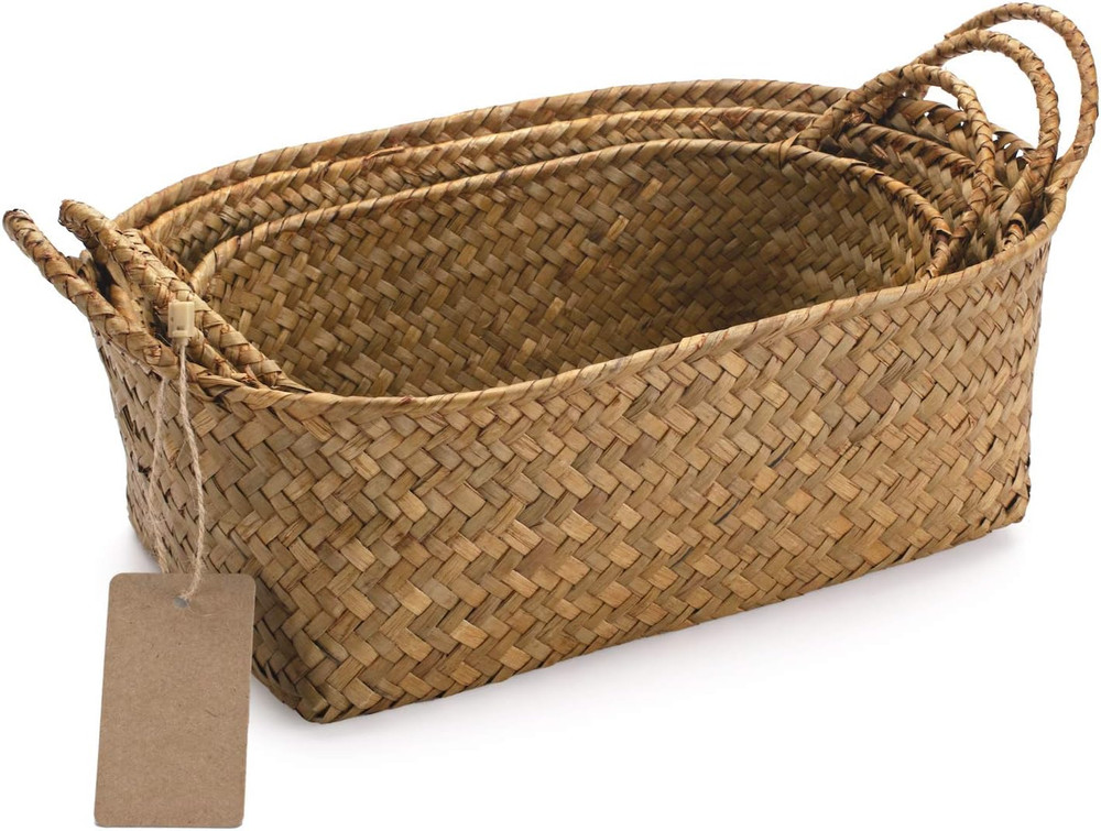 Natural Seagrass Baskets Set of 3 – Stackable Storage with Handles