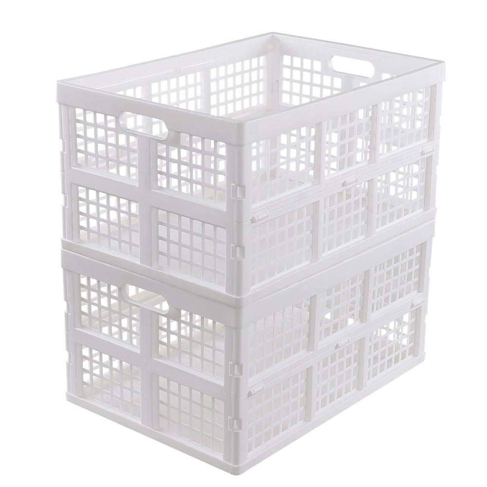 Idotry 2-Pack Plastic Collapsible Storage Crates Foldable Milk Crate, White 42L