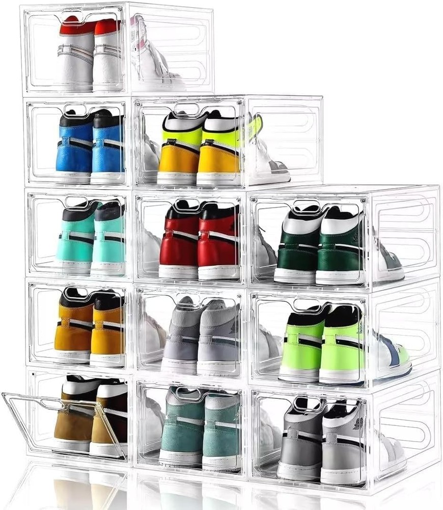 12 Pack Large Shoe Storage Box, Clear Shoe Storage Organizer with Magnetic Door