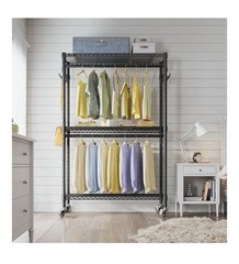 VIPEK Black Metal Clothes Rail Rack, Adjustable Shelves, Wheels, 45×17.7×80.3″