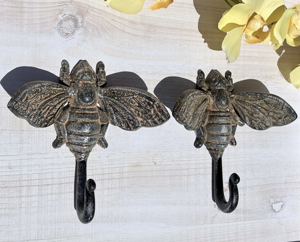 2 Cast Iron Bee Wall Hook Key Towel Coat Hanger Rustic Antique Brown Finish 6 in