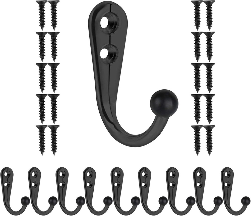 10 PCS Coat Hooks Wall Mounted, Premium Black Heavy Duty Metal Wall Hooks for