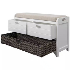 20 In. H X 32 In. W White Soild Wood Shoe Storage Bench with Removable Basket an