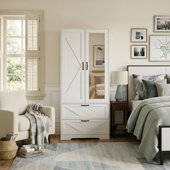 Farmhouse Wooden Closet Organizer Mirror Wardrobe with Drawers and Hanging Rods