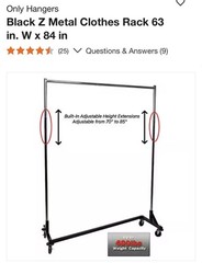Only Hangers Black Metal Adjustable Clothes Rail 63x84x70-85 in With Wheels