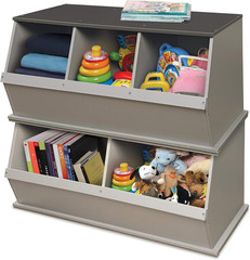 Stackable 3-Bin Storage Cubby in Woodgrain Gray with Display Shelf for Toys & Cr