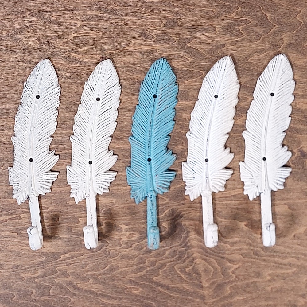 5 Large Cast Iron FEATHER Hooks Coat Hat Towel Rack Hall Tree Western Eagle 9.25