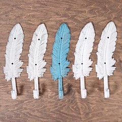 5 Large Cast Iron FEATHER Hooks Coat Hat Towel Rack Hall Tree Western Eagle 9.25