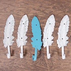 5 Large Cast Iron FEATHER Hooks Coat Hat Towel Rack Hall Tree Western Eagle 9.25