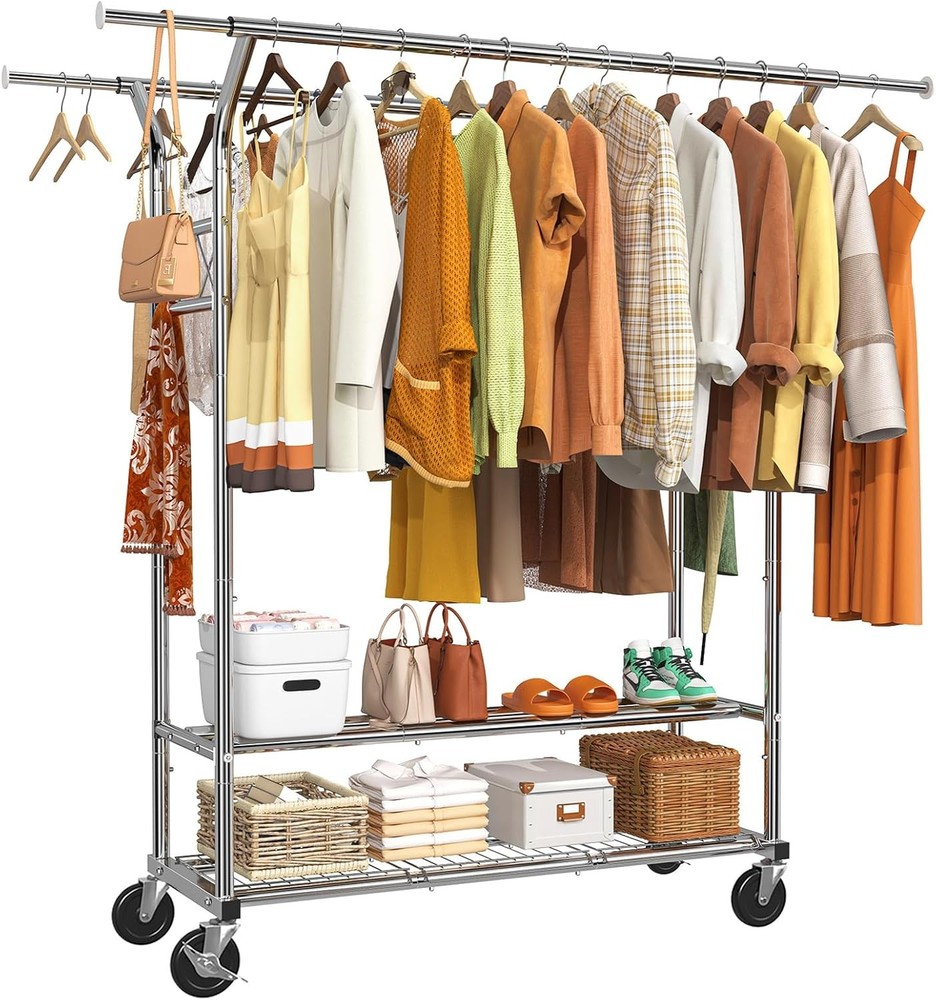 Heavy Duty Clothing Clothes Rack for Hanging, Rolling Double Rod Garment Rack