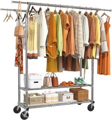 Heavy Duty Clothing Clothes Rack for Hanging, Rolling Double Rod Garment Rack