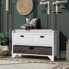 20 In. H X 32 In. W White Soild Wood Shoe Storage Bench with Removable Basket an