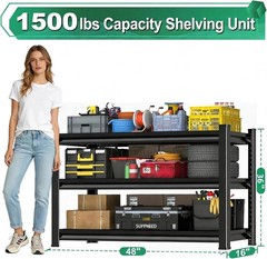 Adjustable 3-Tier Industrial Garage Shelving Unit – 48” W, Space-Saving Storage