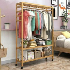 Bamboo Clothes Rail Rack Garment Storage Organizer Hanging Shelf On-Wheels DIY