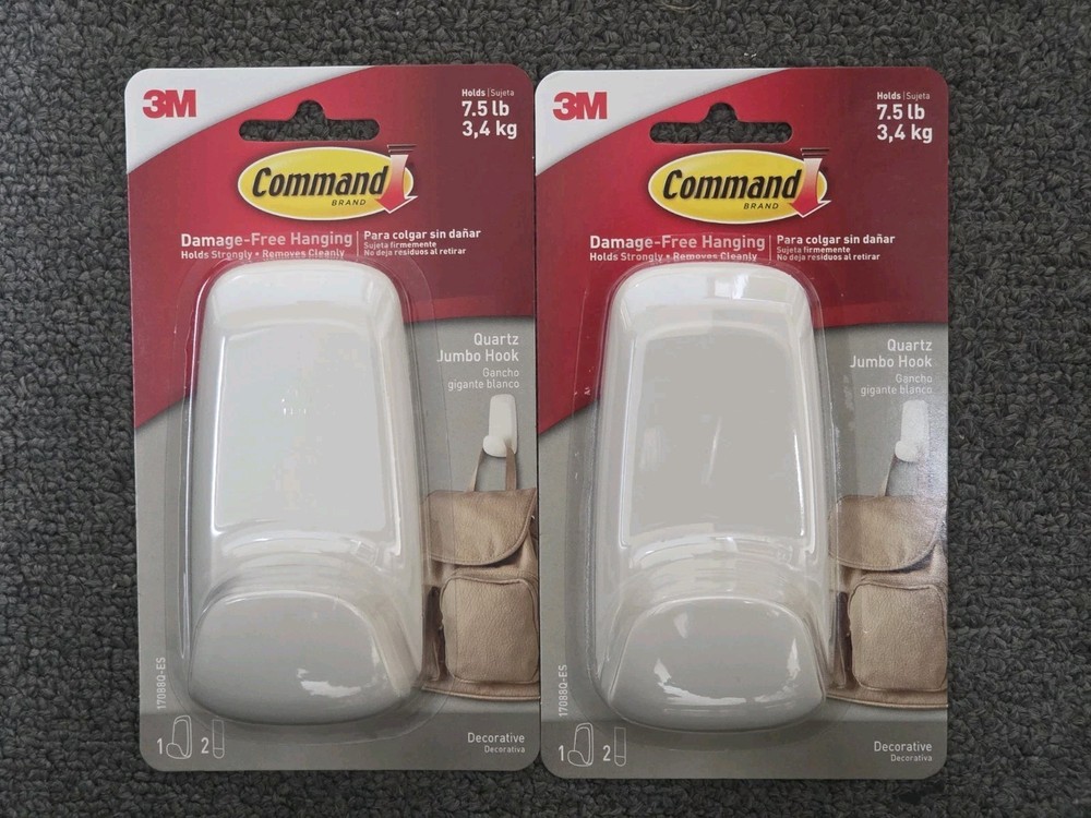 3M Command Quartz Jumbo Hook White Plastic 7.5 lb Matte Lot of 2 Hooks NEW
